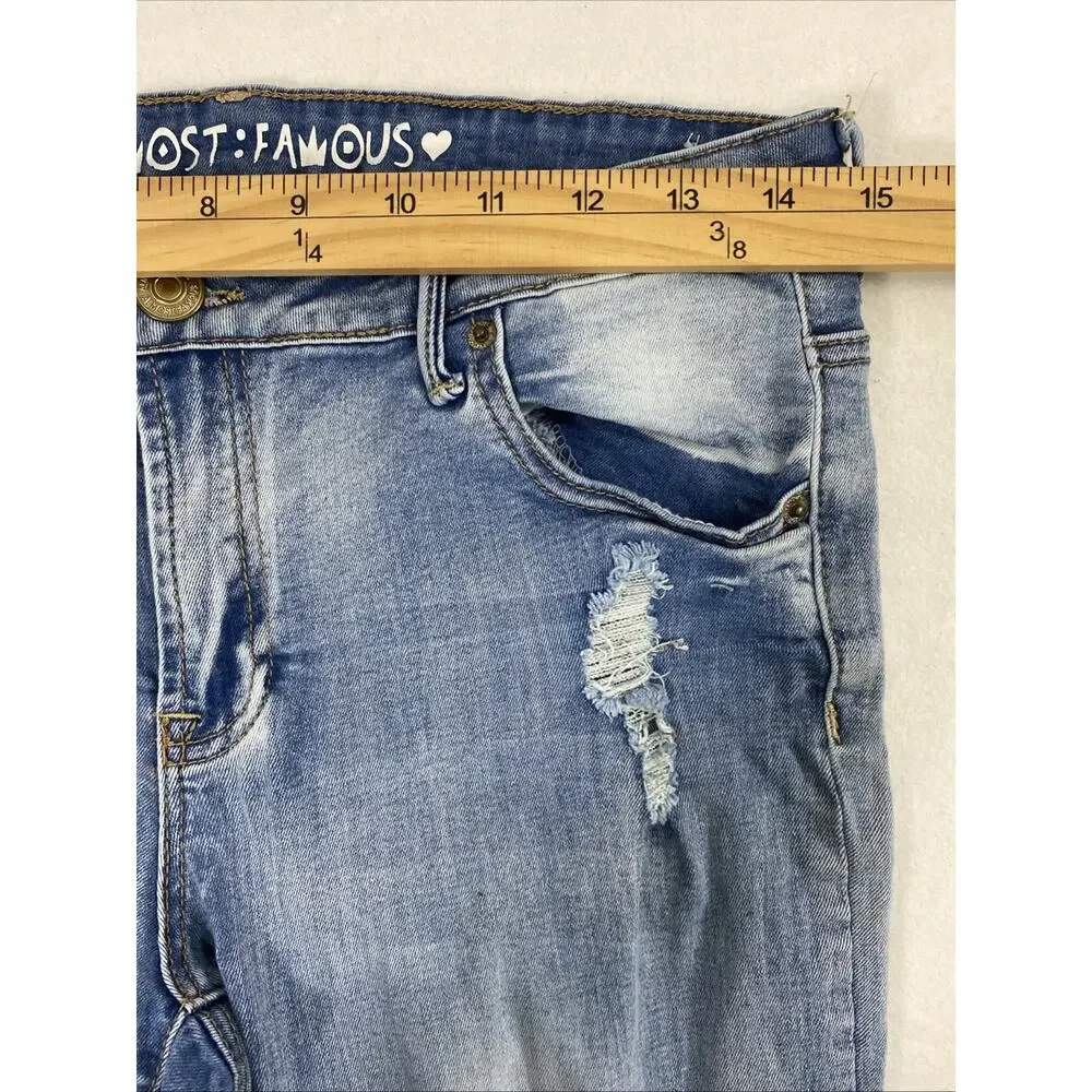 Almost Famous Jeans‎ Juniors Size 9 Medium Wash Denim Destroyed Mid Rise Raw Hem